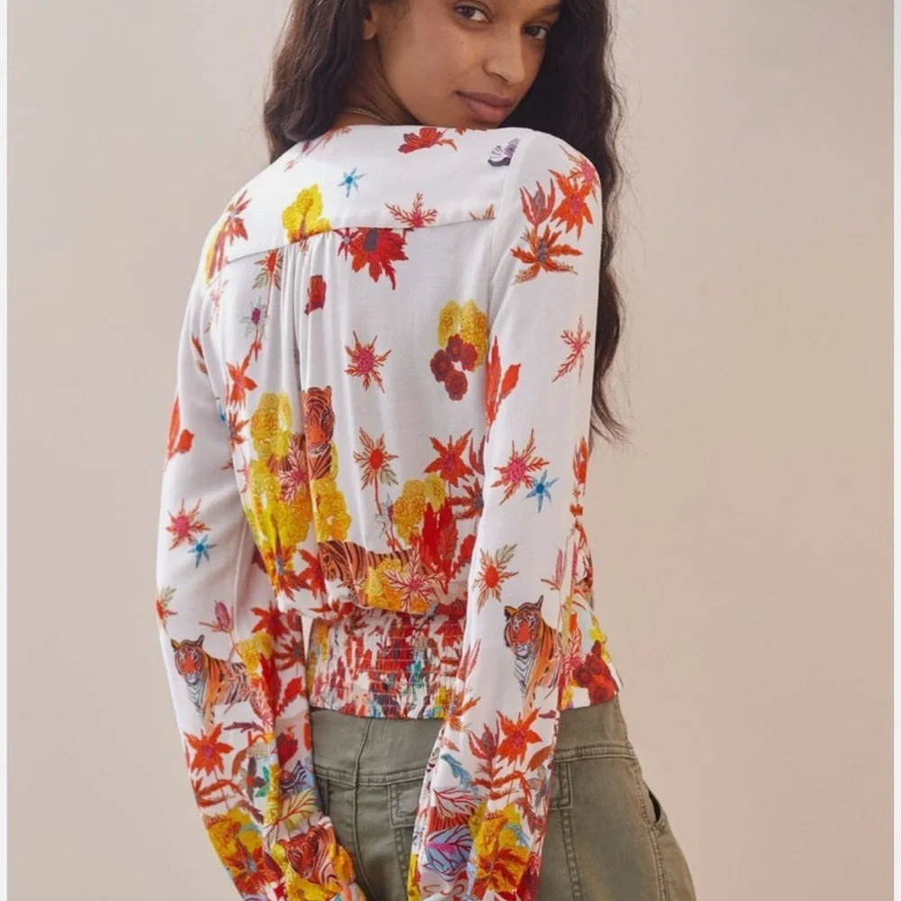 Anthropologie Michelle Morin Floral Tiger Print Wrap Blouse - Picture 2 of 6